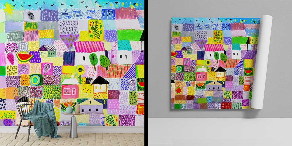 Renkli Soyut Köy Manzaralı Sanatsal Duvar Kağıdı 12334