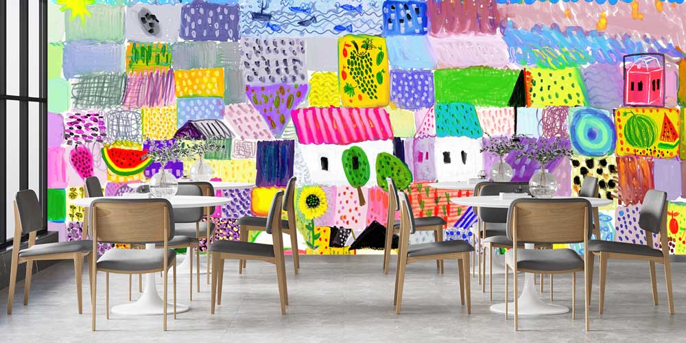 Renkli Soyut Köy Manzaralı Sanatsal Duvar Kağıdı 12334