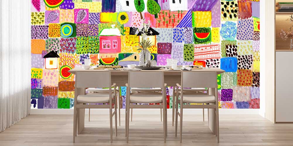 Renkli Soyut Köy Manzaralı Sanatsal Duvar Kağıdı 12334