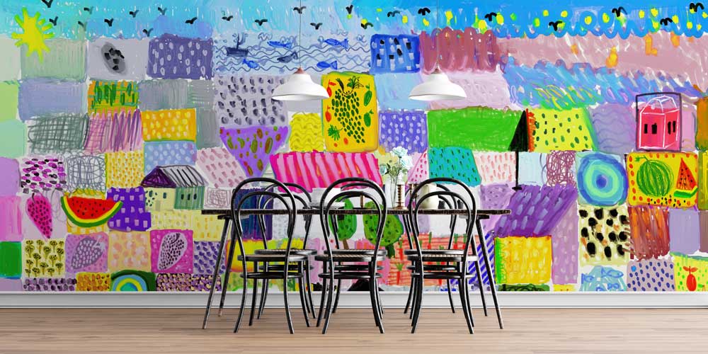 Renkli Soyut Köy Manzaralı Sanatsal Duvar Kağıdı 12334