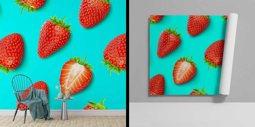 Turkuaz Zemin Üzerinde Çilek Desenli Modern Duvar Kağıdı 12323