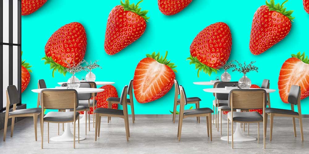 Turkuaz Zemin Üzerinde Çilek Desenli Modern Duvar Kağıdı 12323