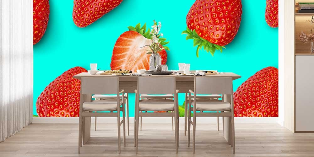 Turkuaz Zemin Üzerinde Çilek Desenli Modern Duvar Kağıdı 12323