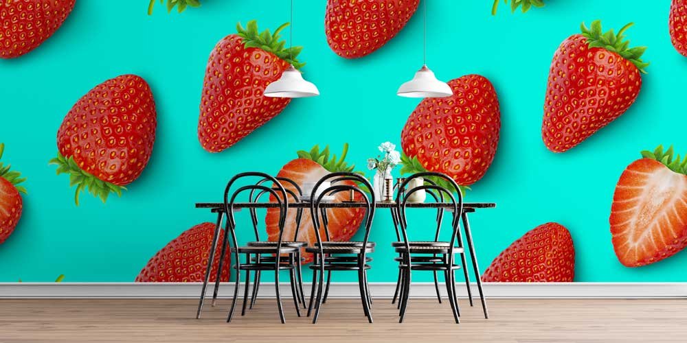 Turkuaz Zemin Üzerinde Çilek Desenli Modern Duvar Kağıdı 12323