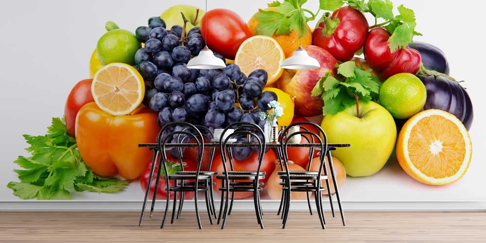 Canlı Meyve ve Sebze Kompozisyonlu Mutfak Duvar Kağıdı 12336