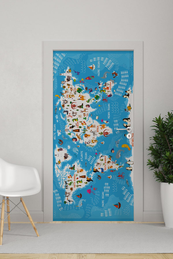 Çocuklar İçin Hayvanlı Dünya Haritası Kapı Giydirme - Eğitici ve Eğlenceli 9285