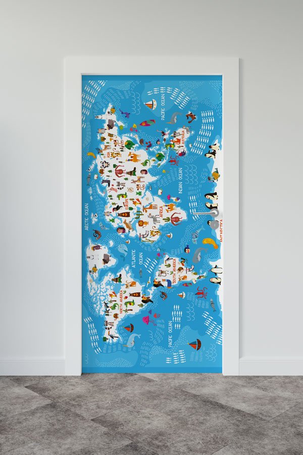 Çocuklar İçin Hayvanlı Dünya Haritası Kapı Giydirme - Eğitici ve Eğlenceli 9285