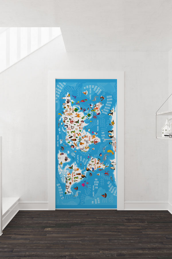 Çocuklar İçin Hayvanlı Dünya Haritası Kapı Giydirme - Eğitici ve Eğlenceli 9285
