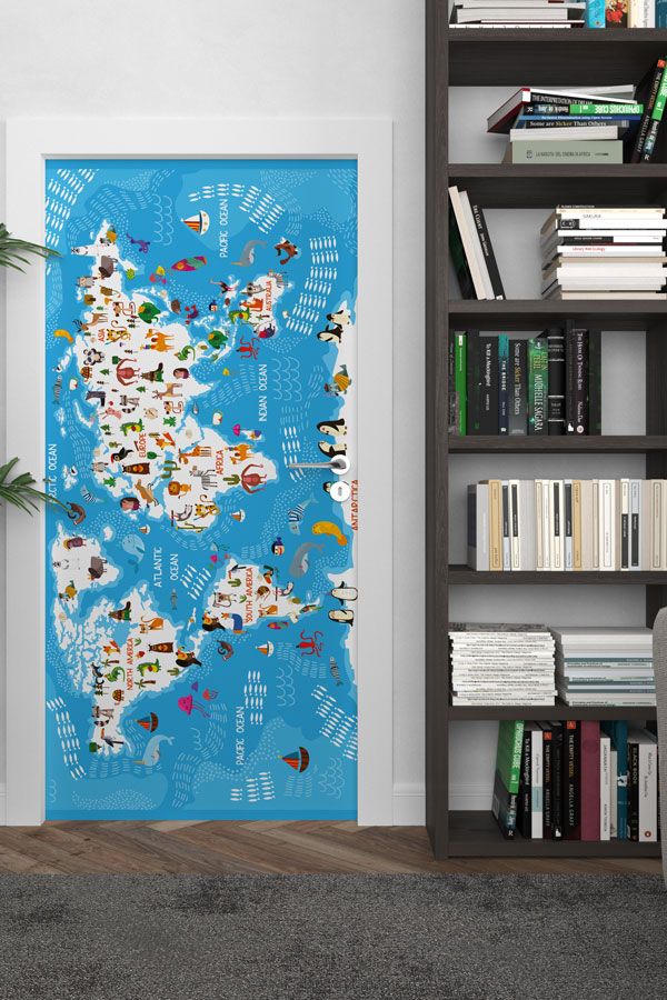 Çocuklar İçin Hayvanlı Dünya Haritası Kapı Giydirme - Eğitici ve Eğlenceli 9285
