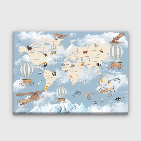 Hayvanlı ve Araçlı Çocuk Dünya Haritası Tablosu - Eğitici Sınıf Dekoru – 10368
