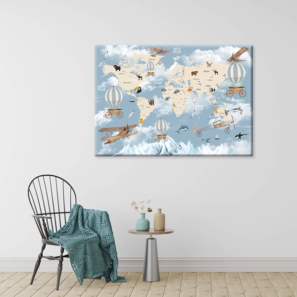 Hayvanlı ve Araçlı Çocuk Dünya Haritası Tablosu - Eğitici Sınıf Dekoru – 10368