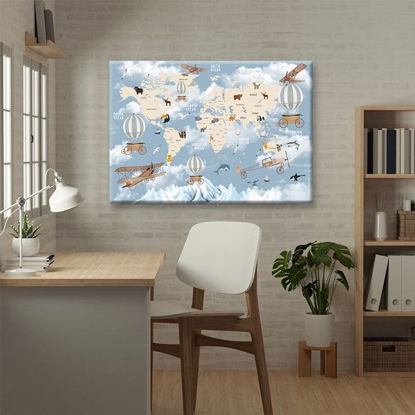 Hayvanlı ve Araçlı Çocuk Dünya Haritası Tablosu - Eğitici Sınıf Dekoru – 10368
