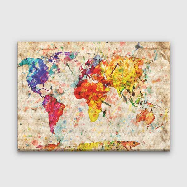 geography-class-wall-decor-g-116-00 Sulu Boya Efektli Dünya Haritası Tablosu - Modern Sanat Dekoru – G-116