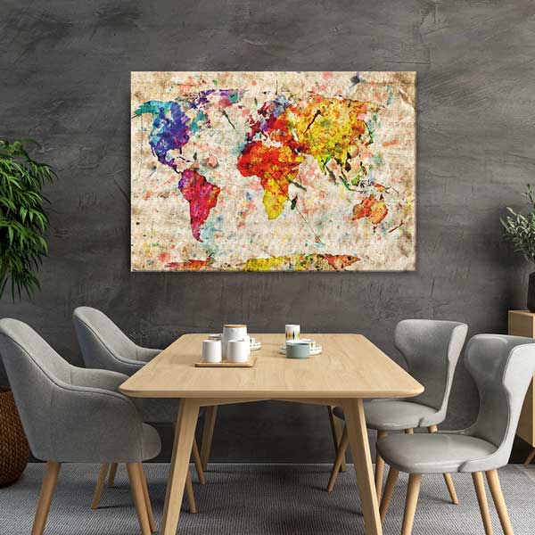 Sulu Boya Efektli Dünya Haritası Tablosu - Modern Sanat Dekoru – G-116