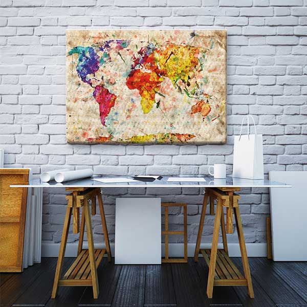 Sulu Boya Efektli Dünya Haritası Tablosu - Modern Sanat Dekoru – G-116