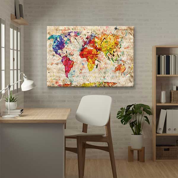 Sulu Boya Efektli Dünya Haritası Tablosu - Modern Sanat Dekoru – G-116