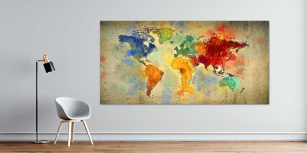 Bu büyük ebatlı duvar dekoru dünya haritasını akvarel 7838