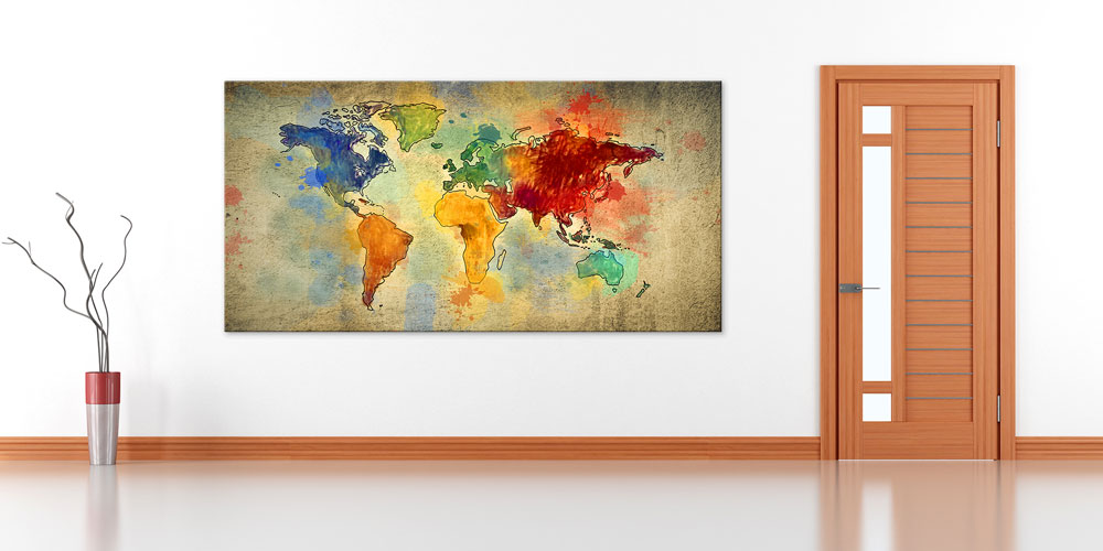 Bu büyük ebatlı duvar dekoru dünya haritasını akvarel 7838