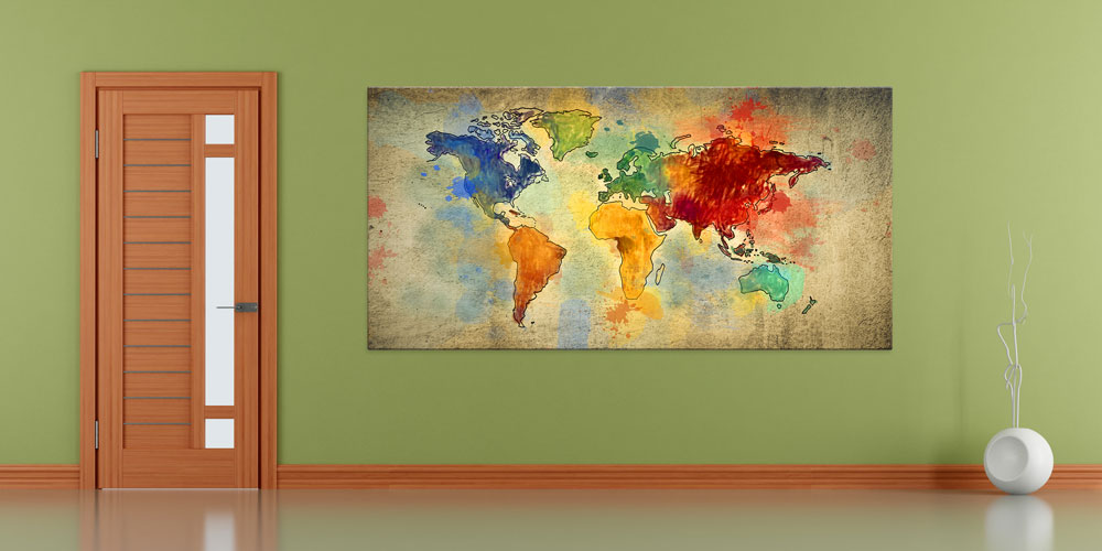 Bu büyük ebatlı duvar dekoru dünya haritasını akvarel 7838