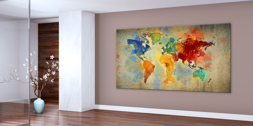 Bu büyük ebatlı duvar dekoru dünya haritasını akvarel 7838