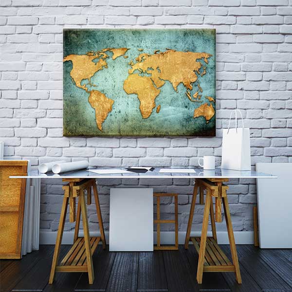geography-school-posters-g-120-02 Altın Efektli Antik Dünya Haritası Tablosu - Vintage Coğrafya Dekoru – G-120