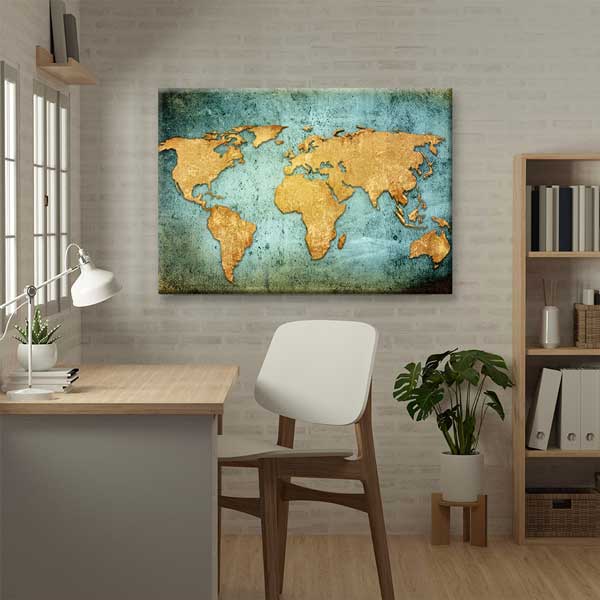 geography-school-posters-g-120-03 Altın Efektli Antik Dünya Haritası Tablosu - Vintage Coğrafya Dekoru – G-120