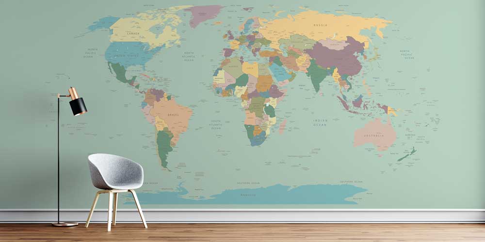 Dünya Haritası Duvar Kağıdı - Coğrafya Temalı Eğitim Duvar Giydirmesi 1018