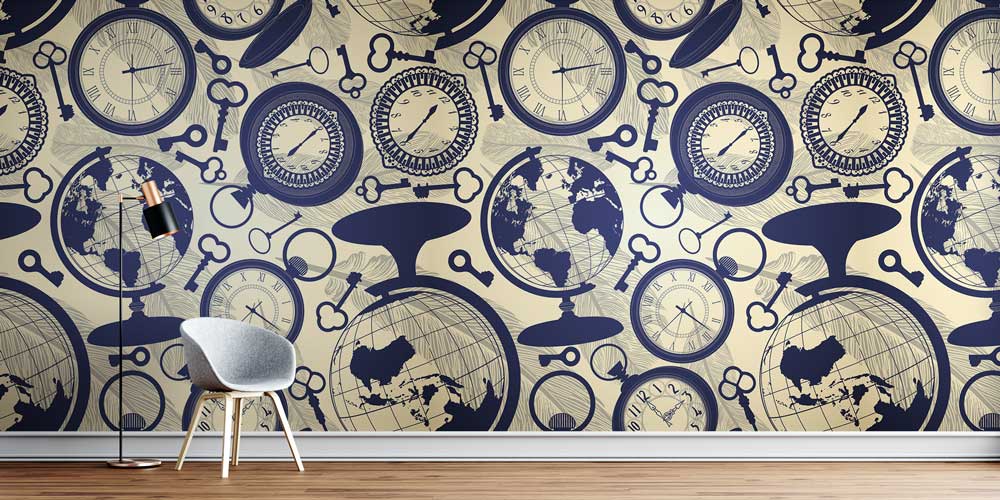 Saatli Küre Desenli Duvar Kağıdı - Coğrafya ve Zaman Temalı Duvar Giydirmesi 1022