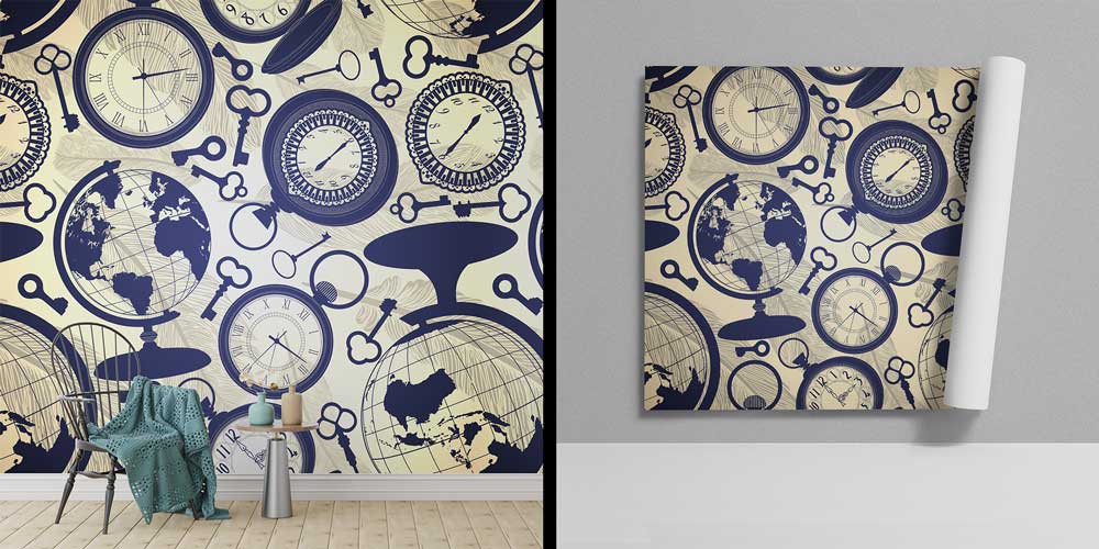 Saatli Küre Desenli Duvar Kağıdı - Coğrafya ve Zaman Temalı Duvar Giydirmesi 1022