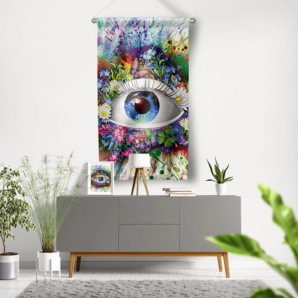 Çiçekler ve Kelebeklerle Göz Temalı Dekoratif Duvar Flaması 8204