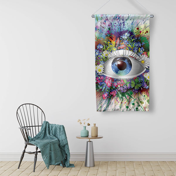 Çiçekler ve Kelebeklerle Göz Temalı Dekoratif Duvar Flaması 8204