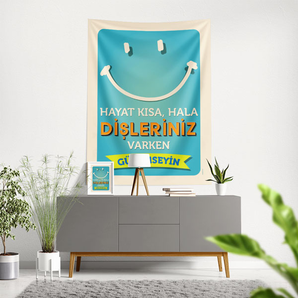 hastane-dental-duvar-dekor-8504-00 Motivasyon Yazılı Diş Temalı Duvar Örtüsü Dekoratif Kumaş Baskı 8504