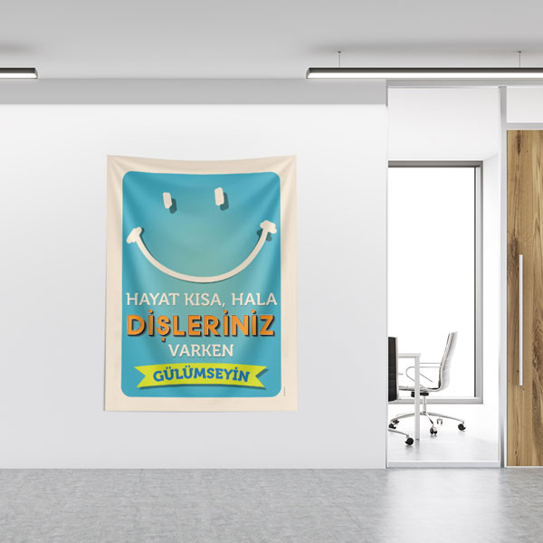 hastane-dental-duvar-dekor-8504-02 Motivasyon Yazılı Diş Temalı Duvar Örtüsü Dekoratif Kumaş Baskı 8504