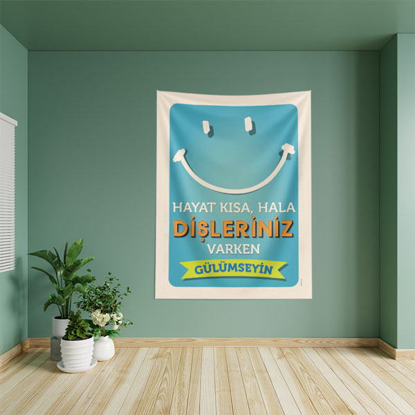 hastane-dental-duvar-dekor-8504-03 Motivasyon Yazılı Diş Temalı Duvar Örtüsü Dekoratif Kumaş Baskı 8504