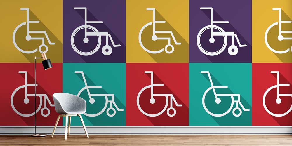 hastane-duvar-dekoru-2551-00 Renkli Bloklar Üzerine Engelli Sembolü Duvar Kağıdı 2551