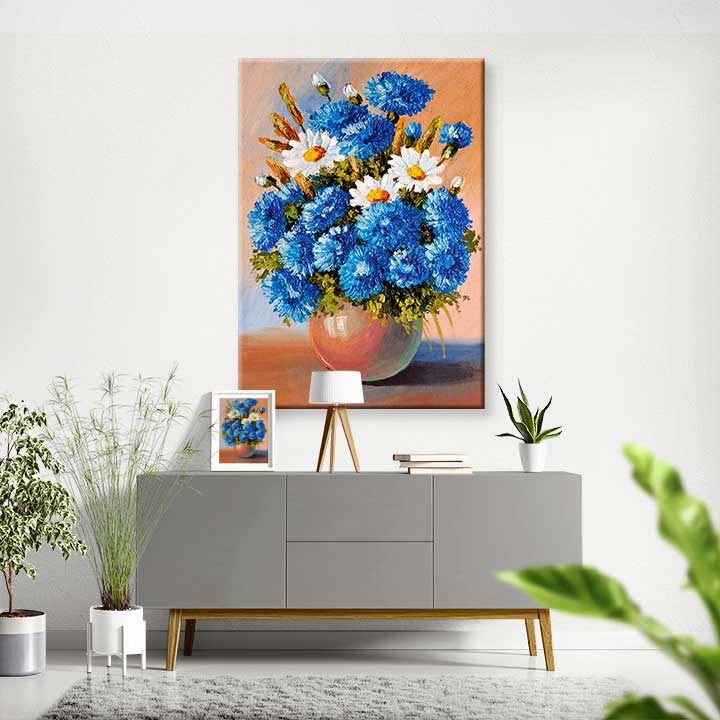 Vazoda Mavi ve Beyaz Çiçek Temalı Kanvas Tablo 5210