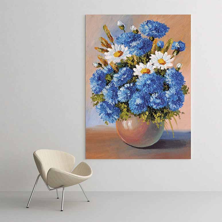 Vazoda Mavi ve Beyaz Çiçek Temalı Kanvas Tablo 5210
