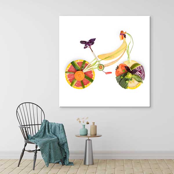 healthy-food-wall-decor-12637-01 Meyve ve Sebzelerle Bisiklet Tasarımlı Kanvas Duvar Tablosu – 12637