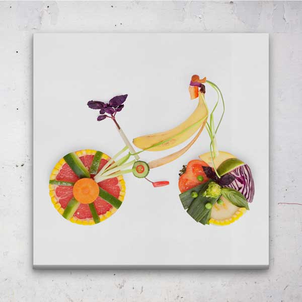 healthy-food-wall-decor-12637-04 Meyve ve Sebzelerle Bisiklet Tasarımlı Kanvas Duvar Tablosu – 12637