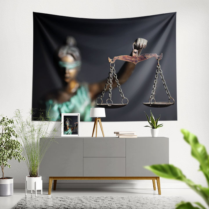 hukuk-duvar-dekor-5297-00 Adalet Terazisi Temalı Duvar Örtüsü – Hukuk Büroları için Kumaş Baskı 5297