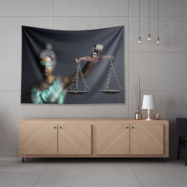 hukuk-duvar-dekor-5297-03 Adalet Terazisi Temalı Duvar Örtüsü – Hukuk Büroları için Kumaş Baskı 5297
