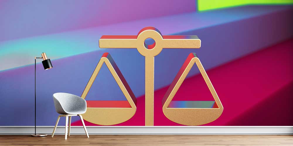 Modern Renkli Hukuk Duvar Kağıdı – Adalet Terazisi Tasarımı 5282