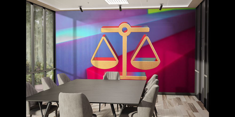 Modern Renkli Hukuk Duvar Kağıdı – Adalet Terazisi Tasarımı 5282