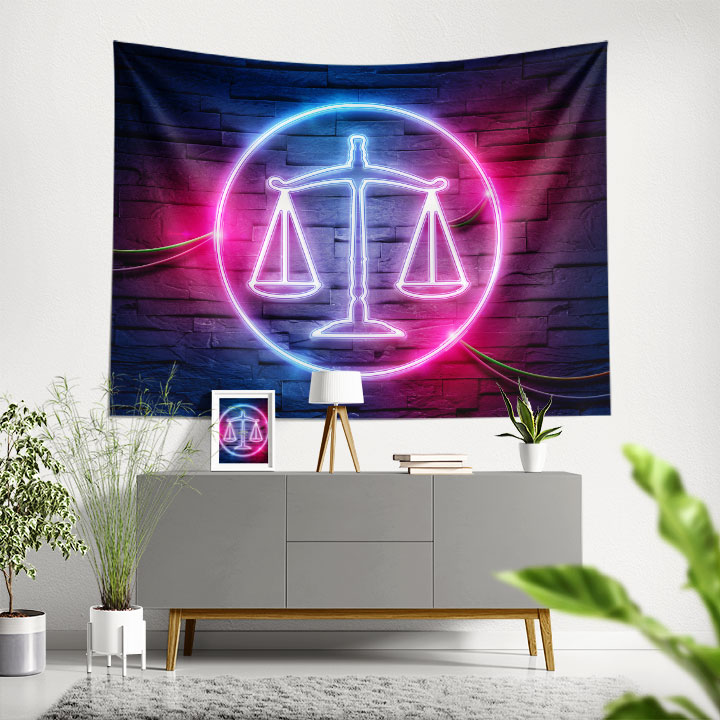 hukuk-duvar-ortusu-5300-00 Neon Adalet Terazisi Duvar Örtüsü – Hukuk Büroları için Kumaş Baskı 5300