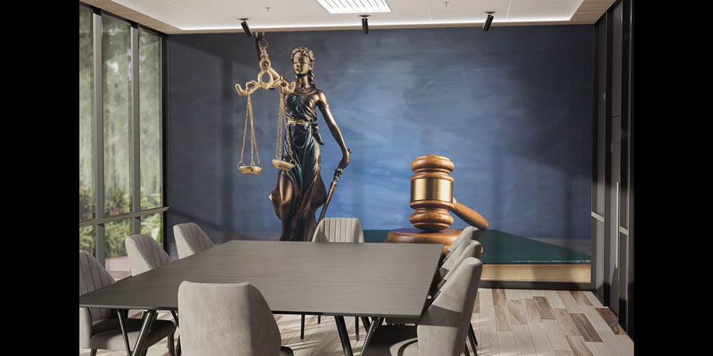 Hukuk Temalı Duvar Kağıdı – Adalet Heykeli ve Hakim Tokmağı Tasarımı 5278
