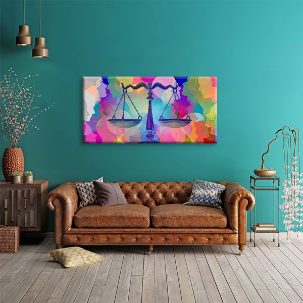 hukuk-ofis-tablo-5272-05 Renkli Siluetler Üzerinde Adalet Terazisi Kanvas Tablo – 5272