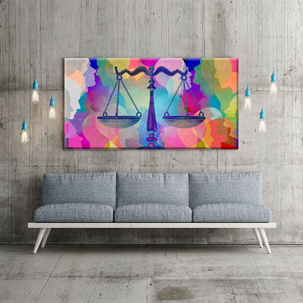hukuk-ofis-tablo-5272-09 Renkli Siluetler Üzerinde Adalet Terazisi Kanvas Tablo – 5272