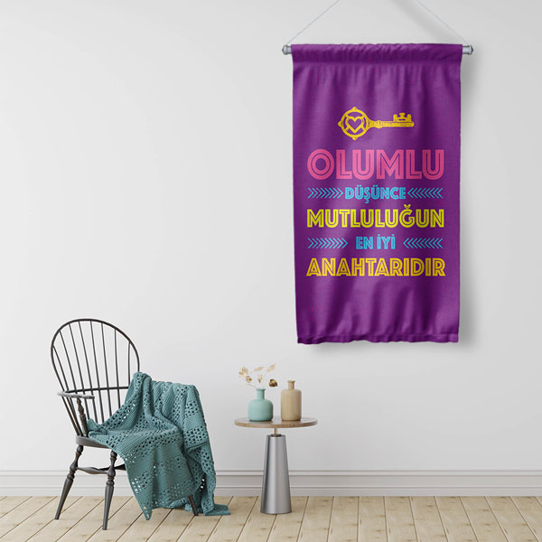 Olumlu Düşünce Mutluluğun Anahtarı Motivasyon Yazılı Duvar Flaması 7722