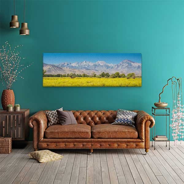 Sarı Çayırlar Önünde Karlı Dağ Silüeti Panoramik Duvar Tablosu 13818