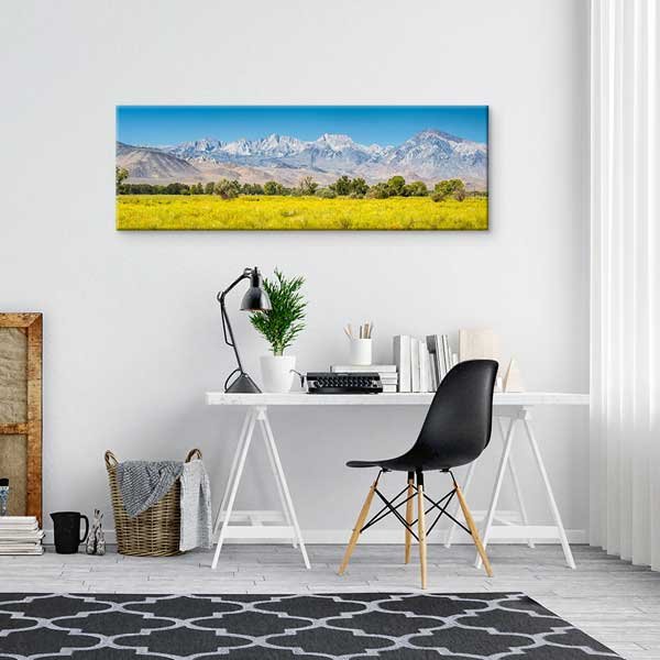 Sarı Çayırlar Önünde Karlı Dağ Silüeti Panoramik Duvar Tablosu 13818